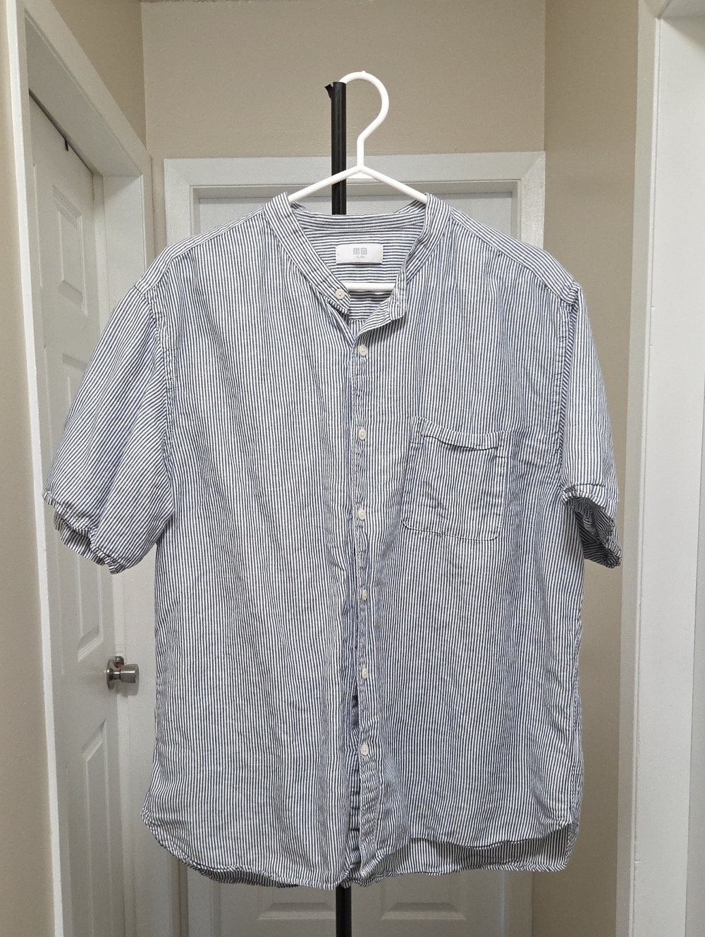 UNIQLO Blue Stripe Linen Cotton Blend Mandarin Collar Short Sleeve Shirt